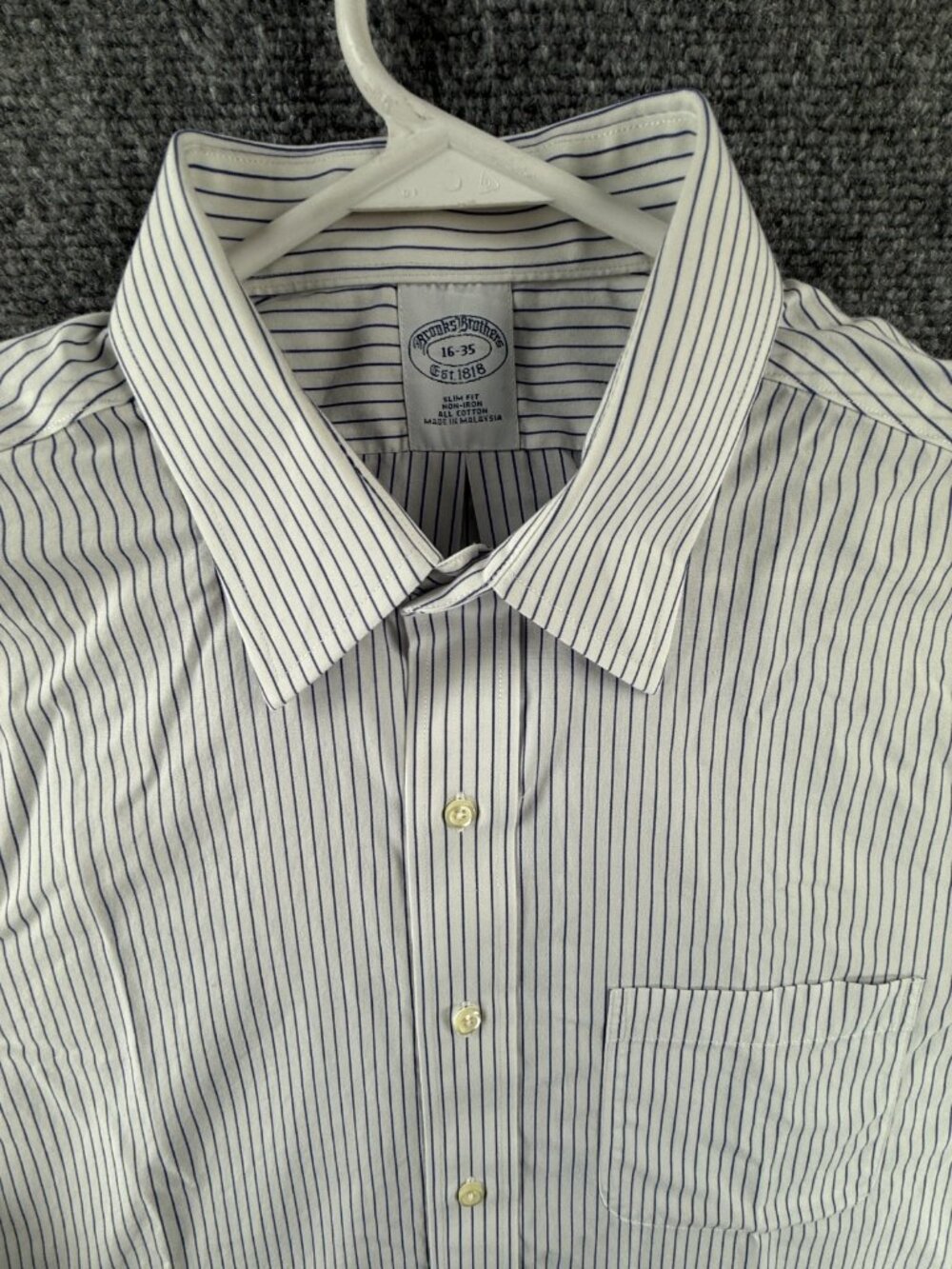 Brooks Brothers 16 35 Slim Non-Iron Striped Cotton Blue Shirt Pocket Mens Adult